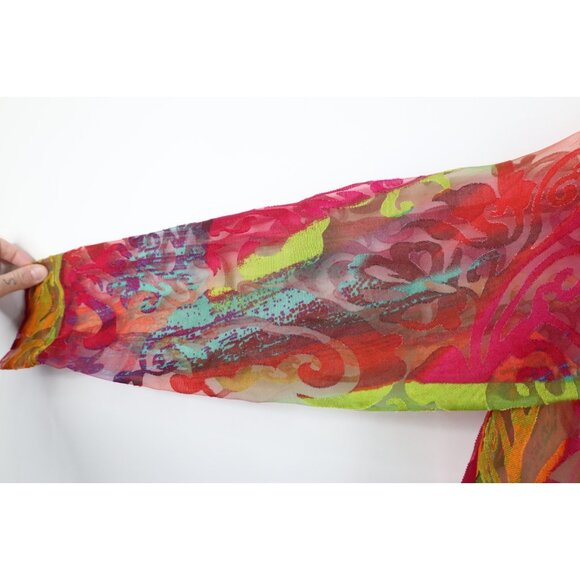 Vintage 90s Y2K Babydoll Womens Large Flax Blend Sheer Rainbow Flower Jacket - Picture 8 of 14